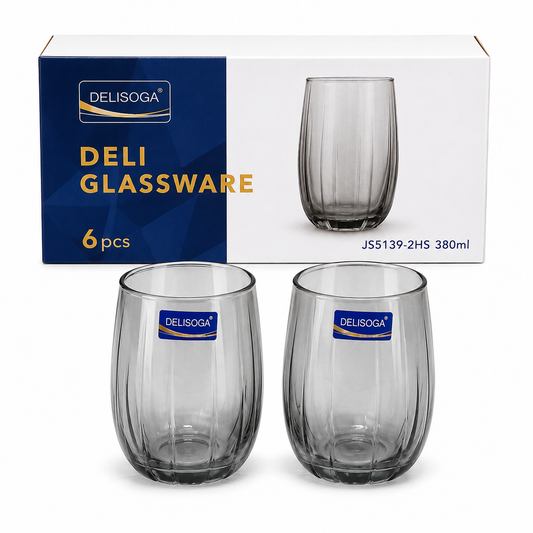 Title: Delisoga Glassware Ribbed Smoky Grey Juice & Water Glasses (380ml)
