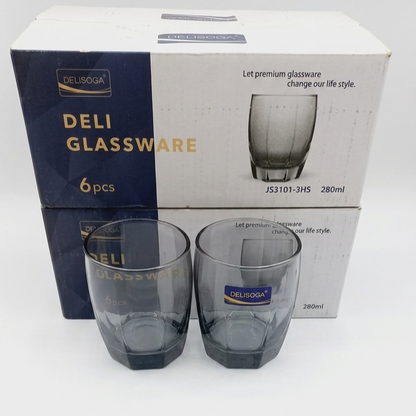 Delisoga Glassware Smoky Grey Hexagonal Tumbler Glasses Set