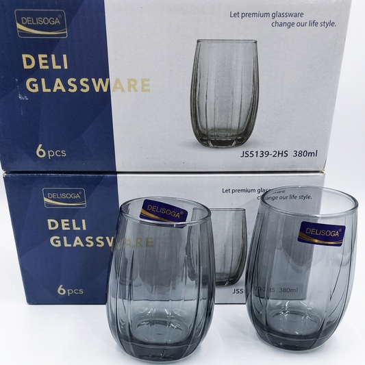 Title: Delisoga Glassware Ribbed Smoky Grey Juice & Water Glasses (380ml)