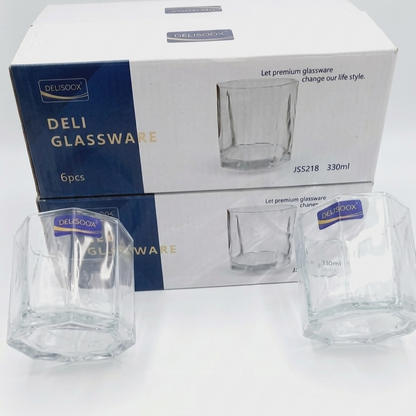 Delisoga Glassware Hexagonal Juice & Water Glasses (330ml, 6-Piece Set)