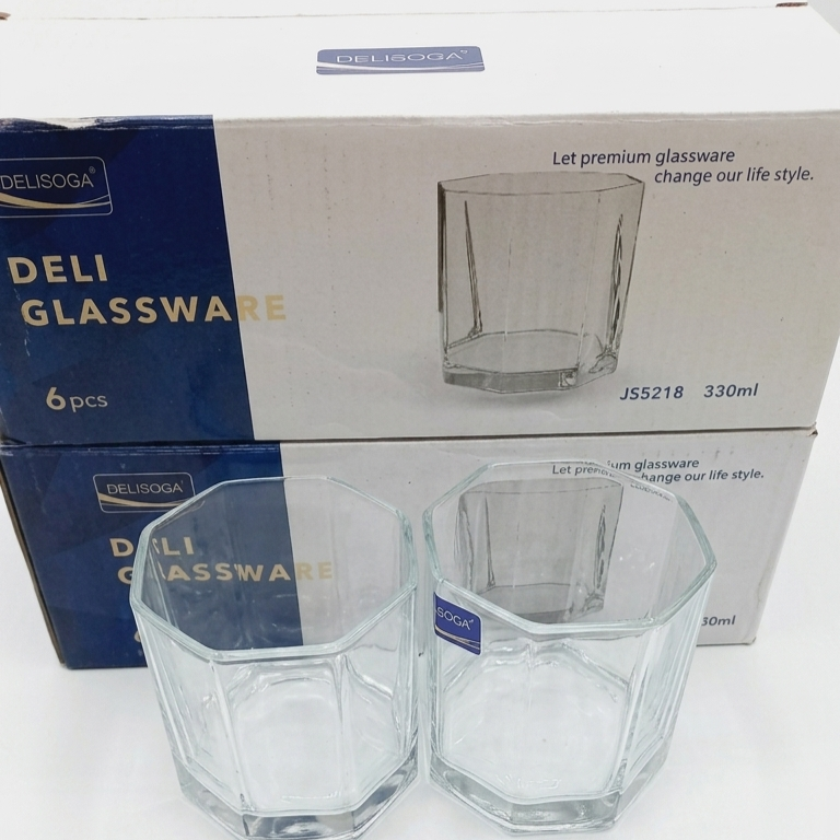Delisoga Glassware Hexagonal Juice & Water Glasses (330ml, 6-Piece Set)