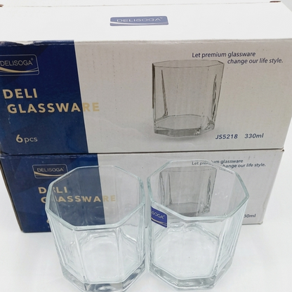 Delisoga Glassware Hexagonal Juice & Water Glasses (330ml, 6-Piece Set)