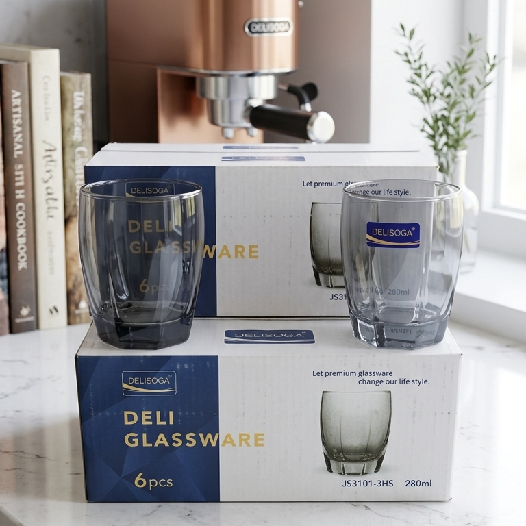 Delisoga Glassware Smoky Grey Hexagonal Tumbler Glasses Set