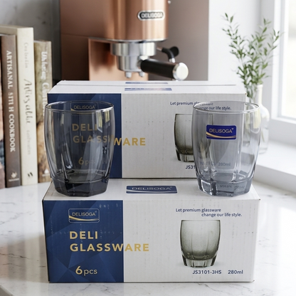 Delisoga Glassware Smoky Grey Hexagonal Tumbler Glasses Set